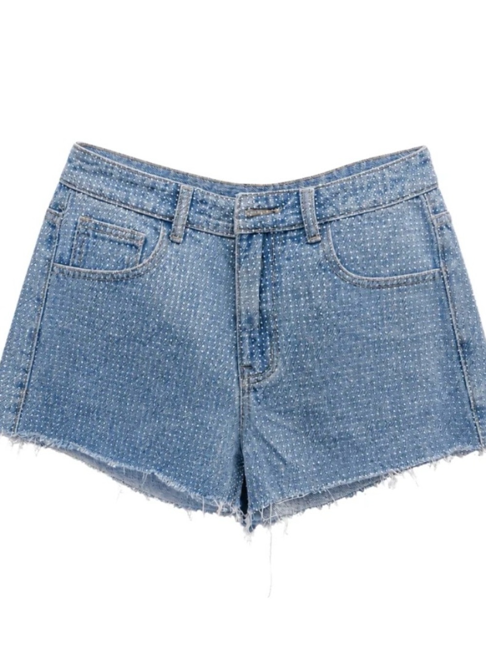 Light Blue rhinestone embellished Denim Shorts with Frayed Hem